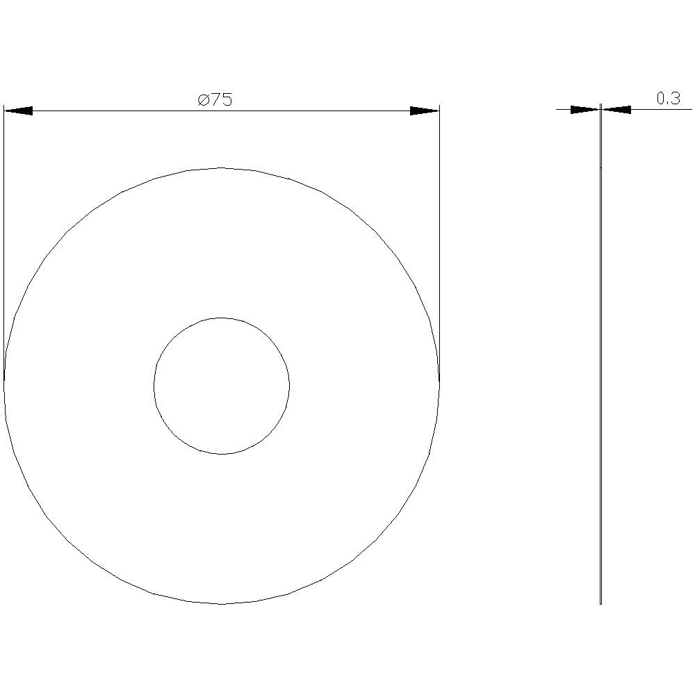 Eine technische Zeichnung zeigt eine flache, kreisförmige Scheibe. Der Außendurchmesser beträgt 75 mm, die Dicke 0,3 mm.
