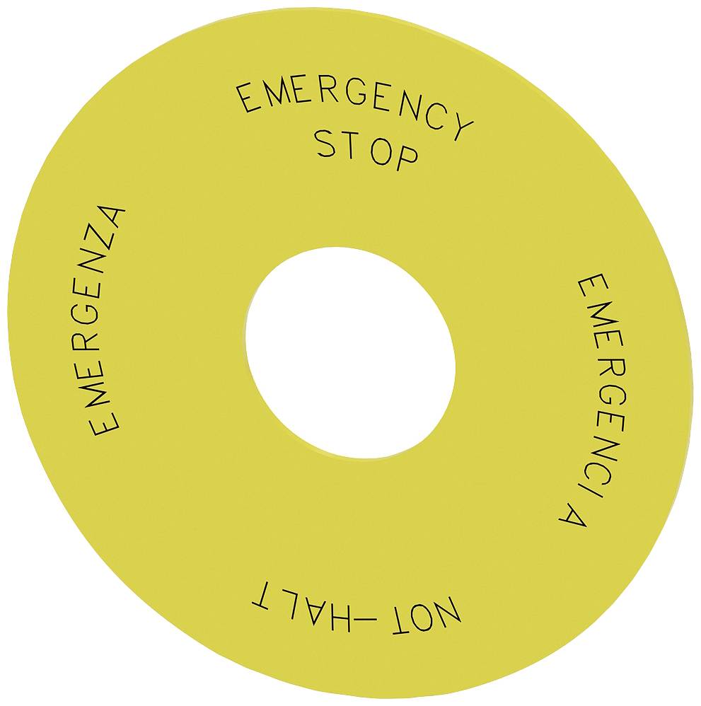 Gelbes Schild mit der Aufschrift 'EMERGENCY STOP', 'EMERGENCIA', 'NOT-HALT' und 'EMERGENZA'.