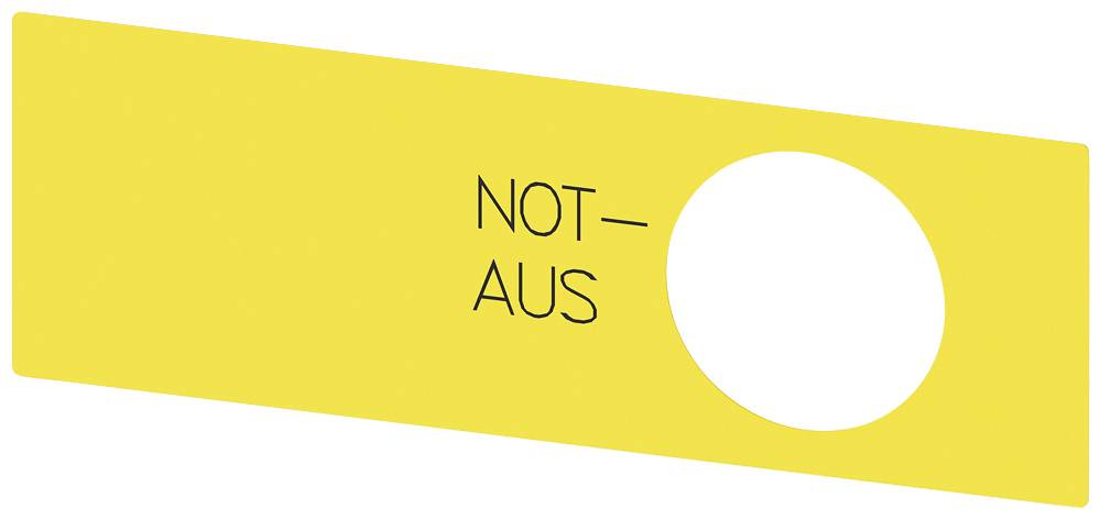 Gelbes Schild mit der Aufschrift 'NOT-AUS' und einem runden Loch rechts.
