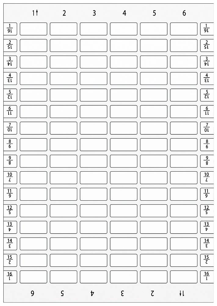 Tabelle mit sechs Spalten und sechzehn Zeilen, von 1/16 bis 16 in der ersten Spalte nummeriert.