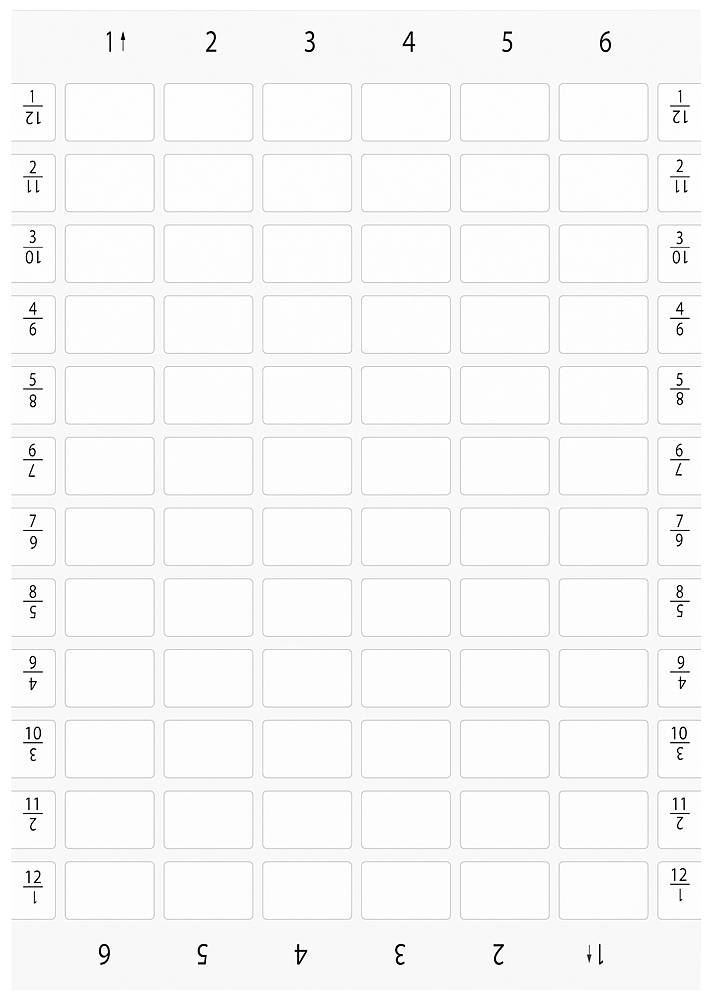 Ein Gitter mit 6x11 Feldern; die Vertikale zeigt '1/2 bis 12/1', die Horizontale '1 bis 6'. Felder sind leer zur Beschriftung.