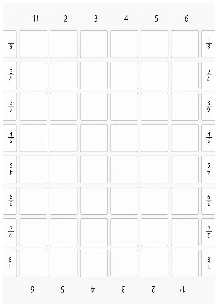 Tabelle mit einem leeren 8x8-Gitter, Zahlen 1 bis 6 oben und unten, Brüche von 1/8 bis 8/1 links und rechts.