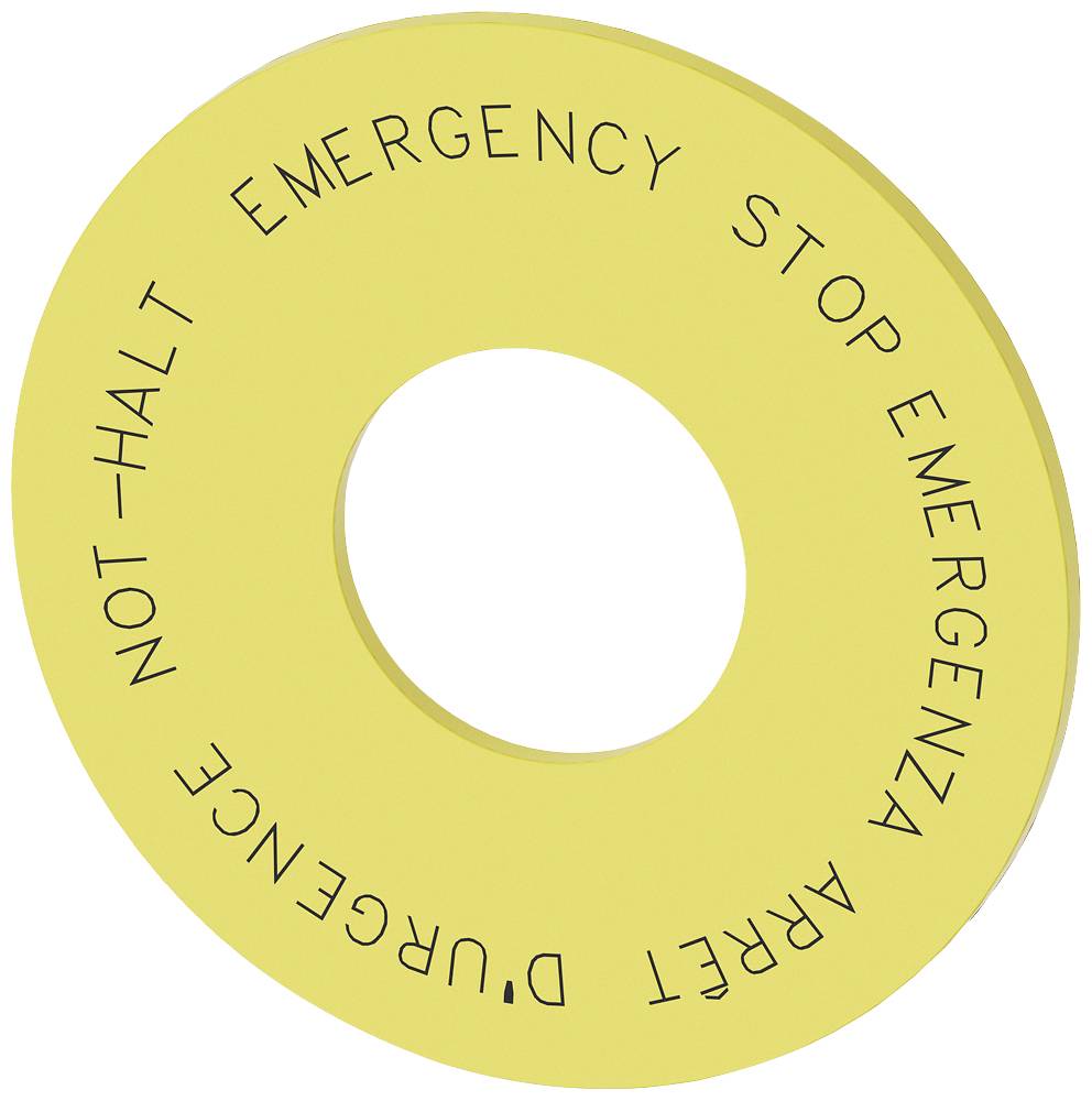 Gelber Not-Halt-Knopf mit den Aufschriften 