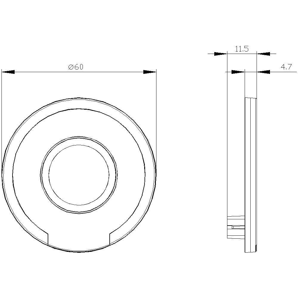 Technische Zeichnung eines runden Objekts mit Durchmesser 60 mm. Seitenansicht zeigt Tiefe von 11,5 mm und 4,7 mm Kerbe.