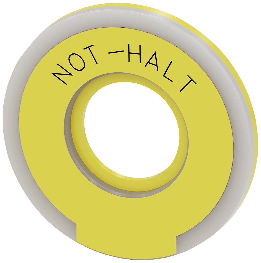 Gelber Not-Halt-Kreis mit der Aufschrift 'NOT-HALT'.