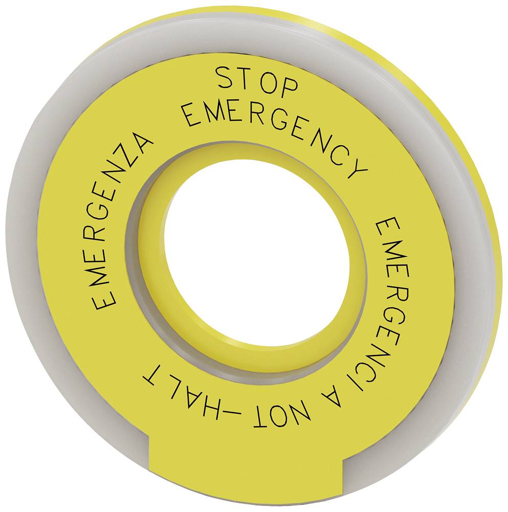 Runder gelber Not-Aus-Knopf mit den Aufschriften 'STOP' und 'EMERGENCY' in verschiedenen Sprachen.
