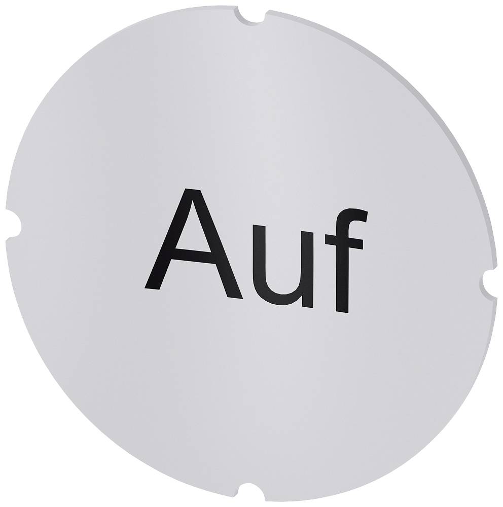 Rundes silbernes Schild mit dem schwarzen Text 'Auf' in der Mitte.