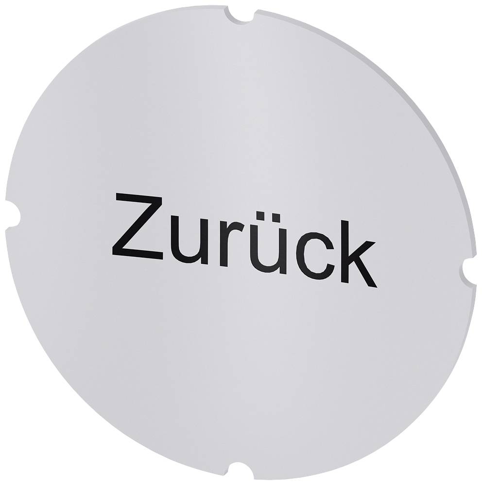 Rundes graues Schild mit der Aufschrift 'Zurück', möglicherweise ein Hinweisschild zur Richtungsangabe oder Navigation.