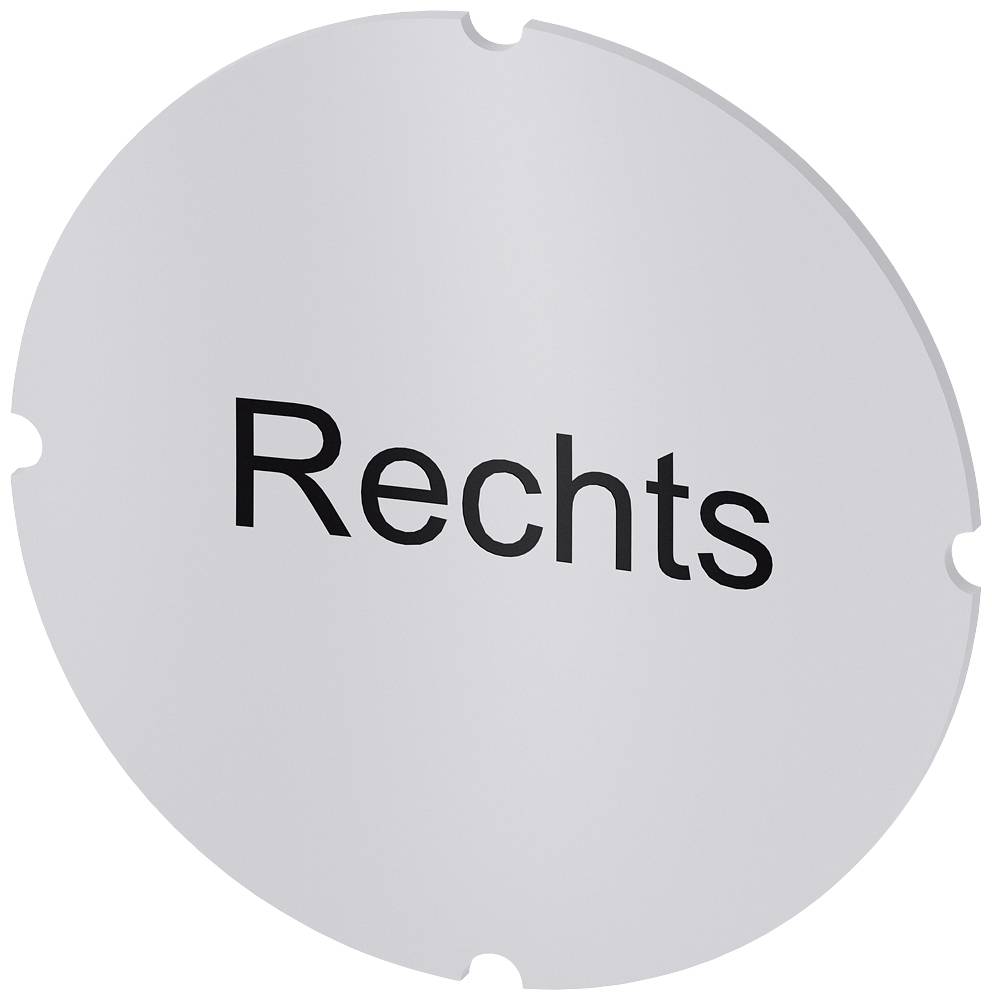 Ein rundes Schild mit der Aufschrift 'Rechts' in schwarzer Schrift auf grauem Hintergrund.
