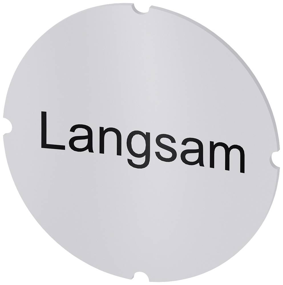 Ein rundes Schild mit der Aufschrift 'Langsam', das zur Geschwindigkeitsbegrenzung auffordert. Silberner Hintergrund mit schwarzem Text.