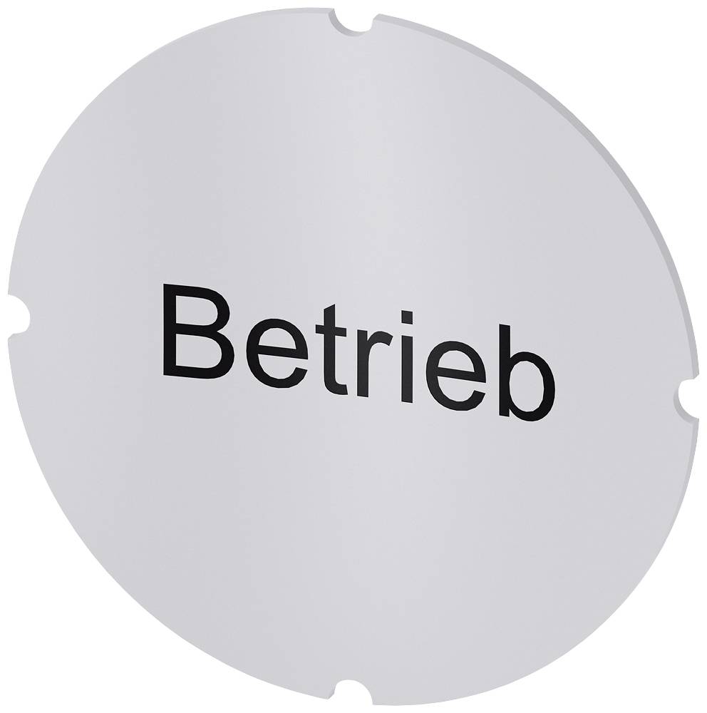 Silbernes rundes Schild mit dem Wort 'Betrieb' in Schwarzdruck.