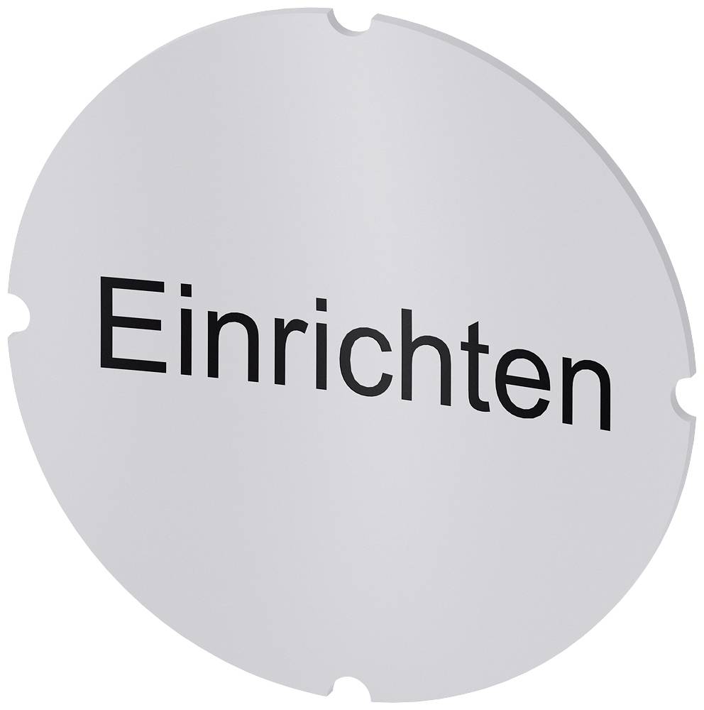 Graues rundes Schild mit dem Wort 'Einrichten' in schwarzer Schrift, zentriert platziert.