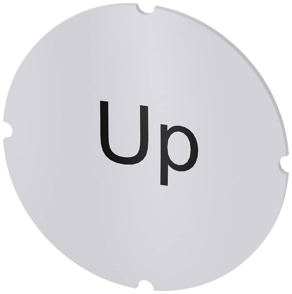 Rundes Metallschild mit der Aufschrift 'Up'.