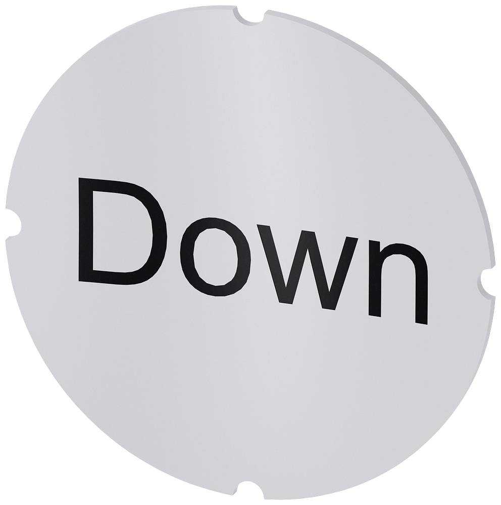 Ein rundes, graues Schild mit dem Wort 'Down' in schwarzer Schrift.