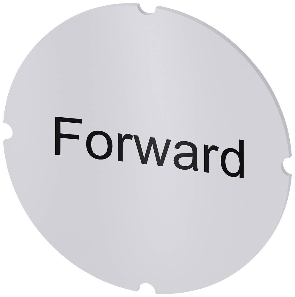 Graues rundes Schild mit schwarzem Text 'Forward', der auf Bewegung oder Richtung hinweist.