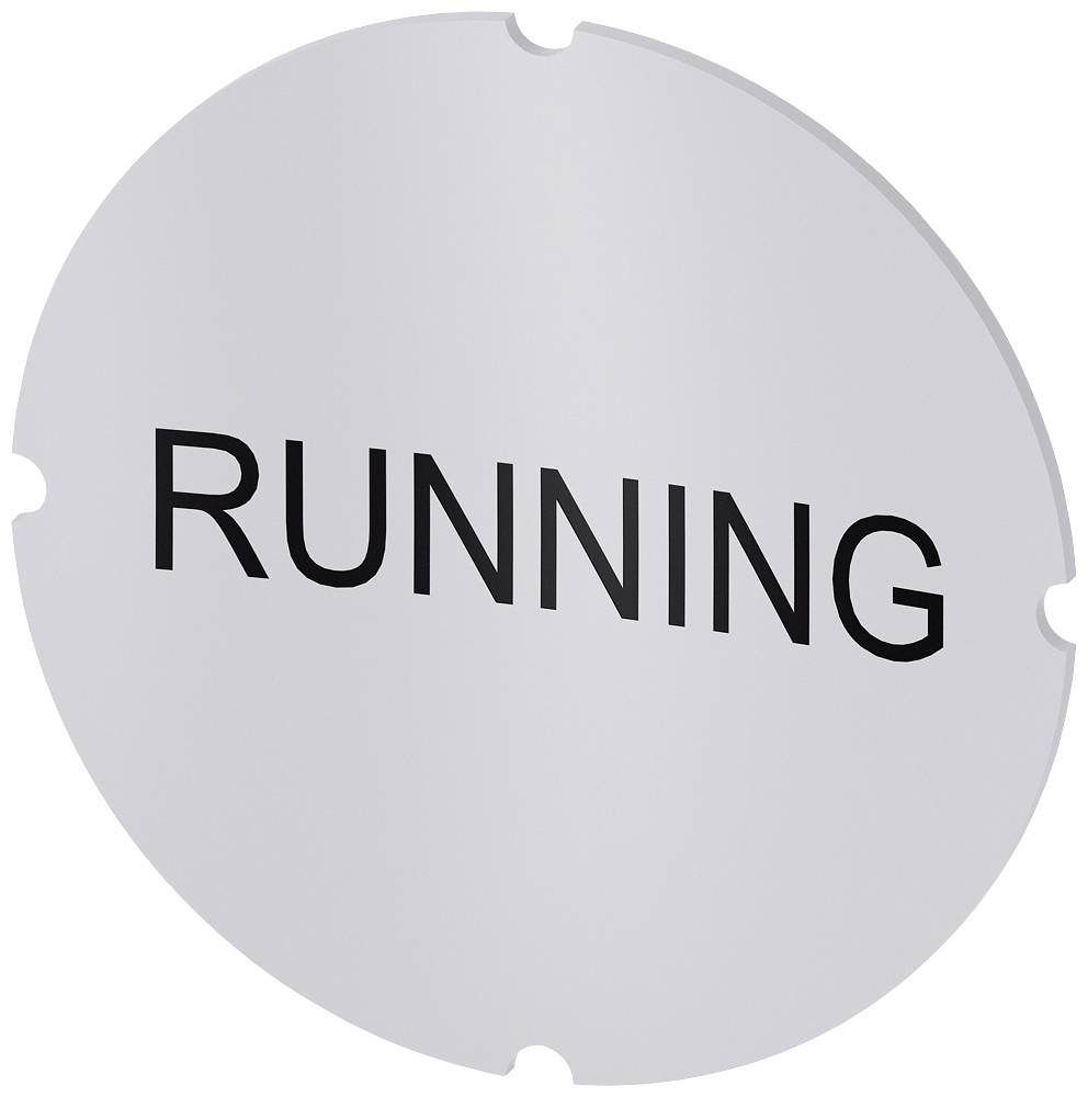 Rundes Schild mit dem Text 'RUNNING' in großen, schwarzen Buchstaben auf silbernem Hintergrund.