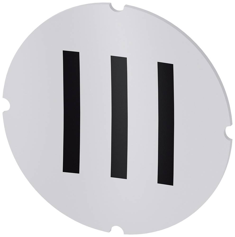 Rundes Verkehrszeichen mit drei parallelen schwarzen Streifen von oben nach unten auf grauem Hintergrund, symbolisiert Bahnübergang.
