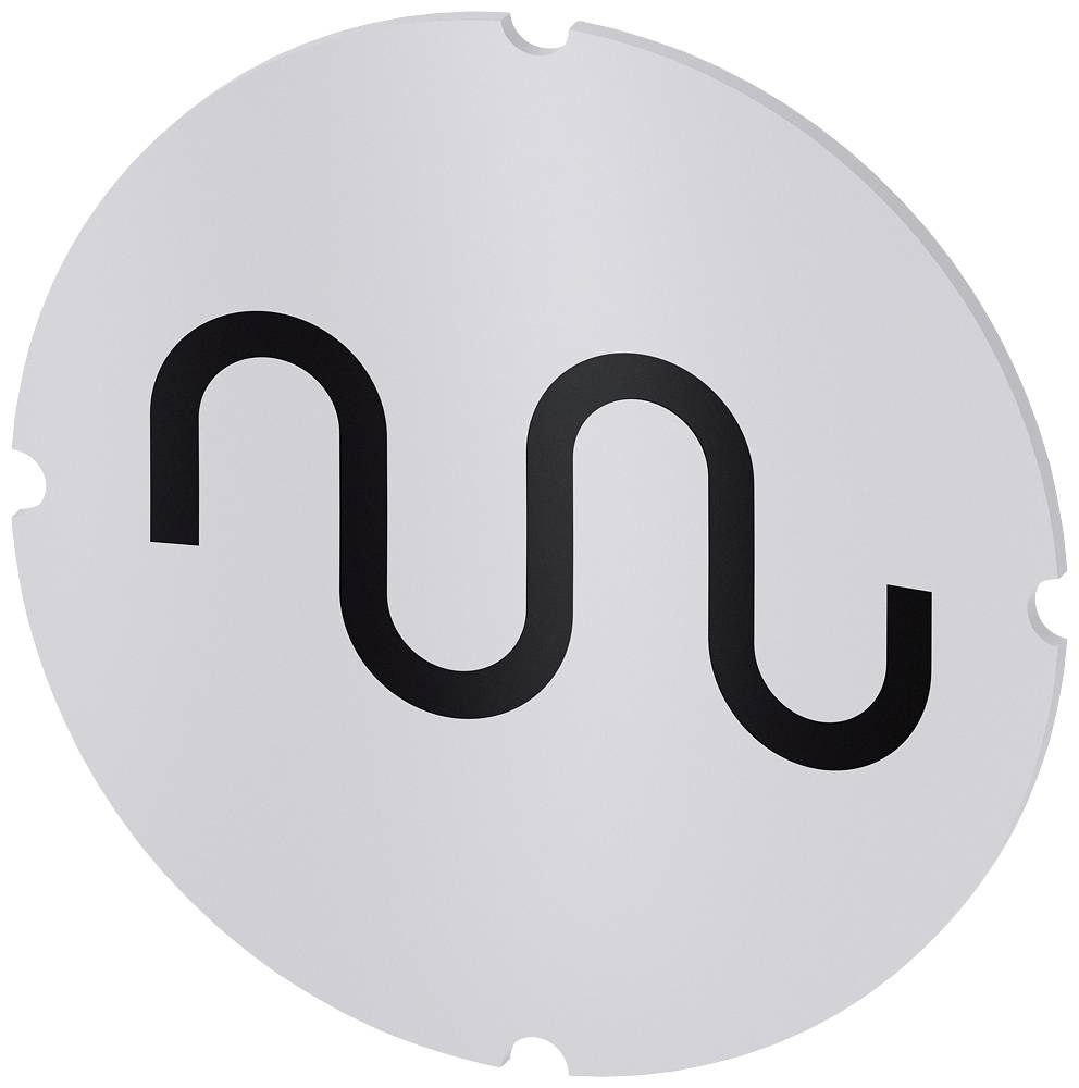 Ein rundes Schild mit einem schwarzen, gewellten Symbol in der Mitte auf grauem Hintergrund.
