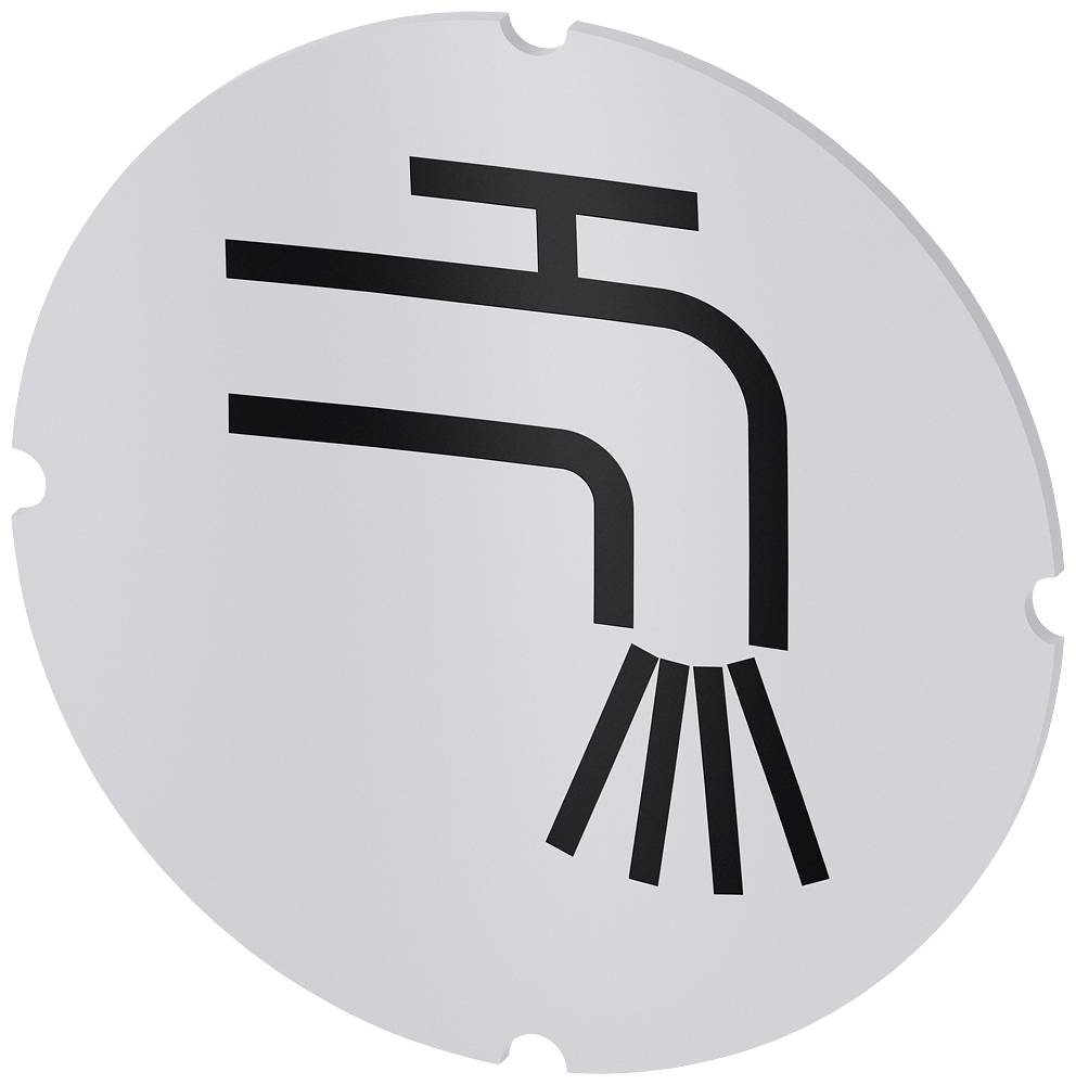 Ein stilisiertes Wasserhahnsymbol zeigt Wasserstrahlen, die herunterfließen, auf einer runden, grauen Oberfläche.