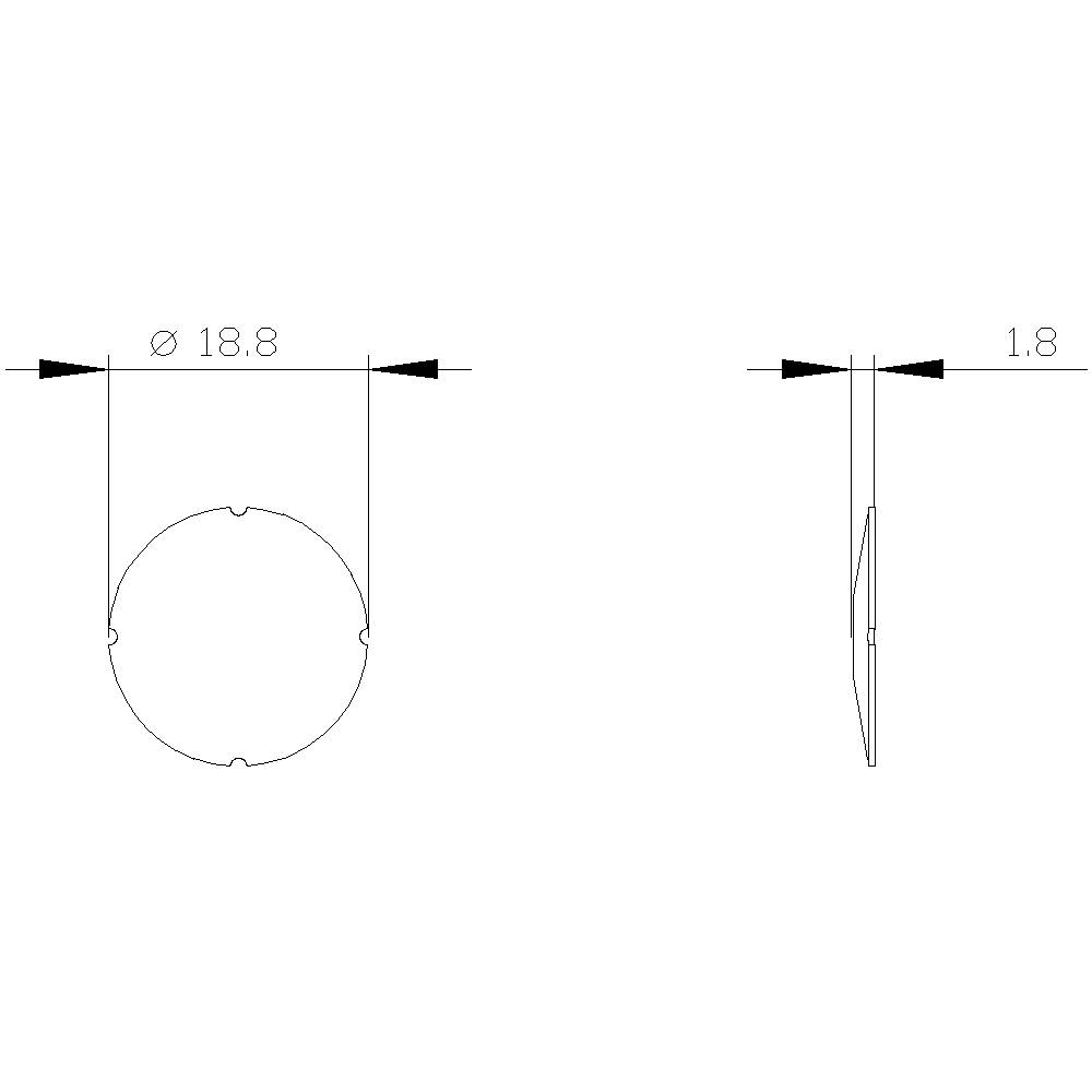 Technische Zeichnung eines runden Objekts mit einem Durchmesser von 18,8 mm und einer Breite von 1,8 mm. Seiten- und Vorderansicht.