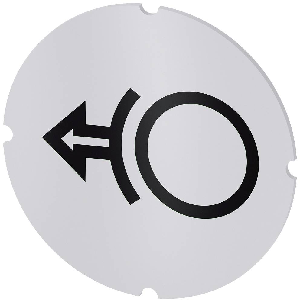 Ein metallisches Schild zeigt ein schwarzes Symbol mit einem nach links gerichteten Pfeil und einem Kreis.