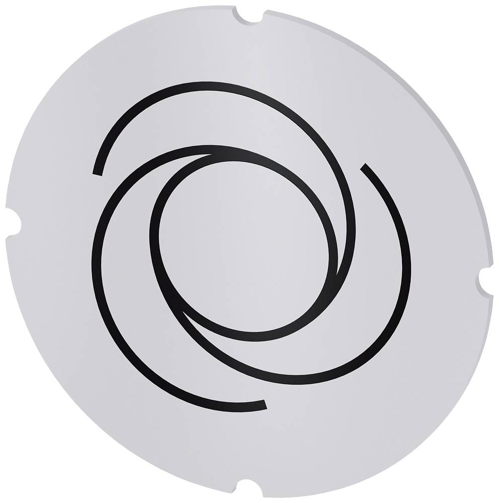 Silberne runde Scheibe mit schwarzem, spiralförmigem Muster, das sich aus vier Linien zusammensetzt, auf hellem Hintergrund.