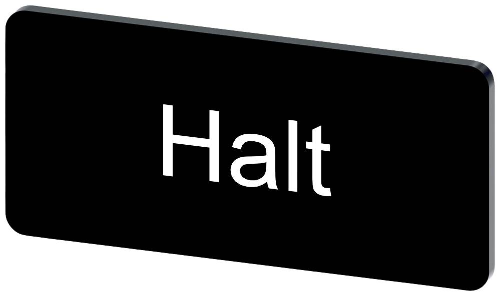 Schwarzes rechteckiges Schild mit weißem Text 'Halt'.