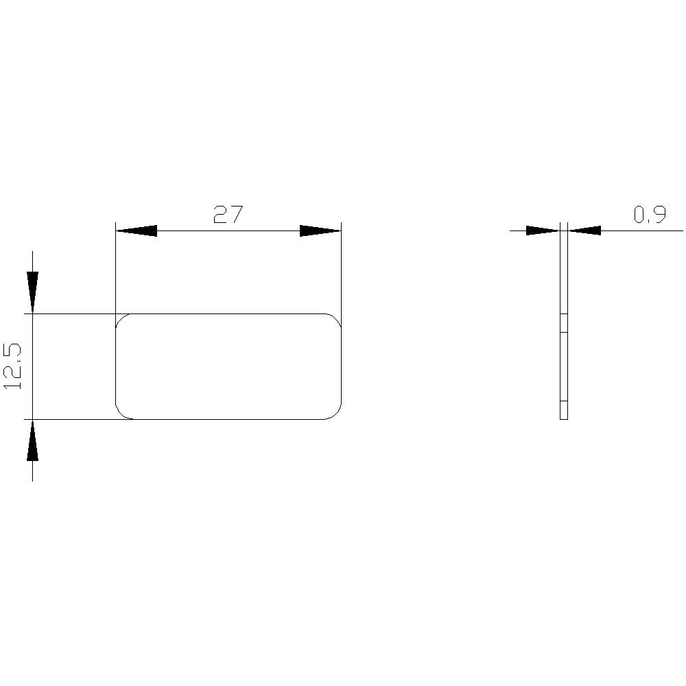 Technische Zeichnung eines rechteckigen Objekts mit abgerundeten Ecken. Maße: 27 x 12,5 mm, Dicke 0,9 mm. Seitenansicht enthalten.
