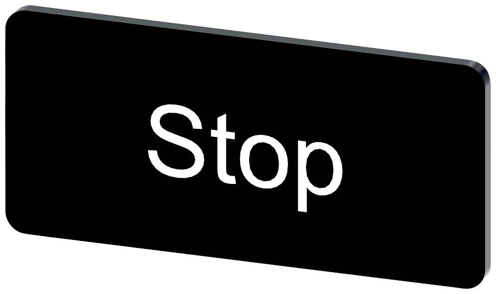 Ein schwarzes rechteckiges Schild mit dem weißen Text 'Stop'.