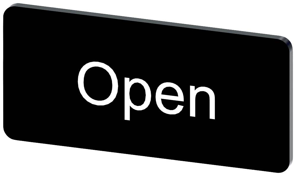Ein rechteckiges Schild mit schwarzem Hintergrund zeigt in weißer Schrift das Wort 'Open'.