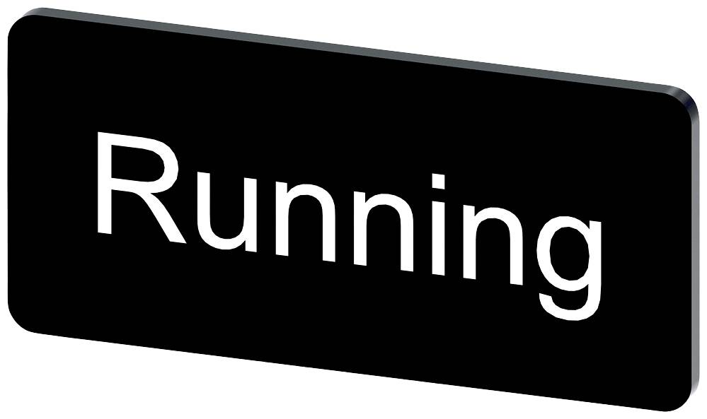 Schwarzes Schild mit weißem Text: 'Running'.