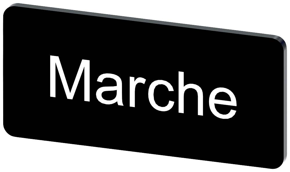 Schwarzes rechteckiges Schild mit weißem Text 'Marche'.