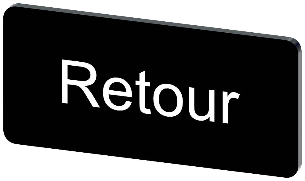 Schwarzes rechteckiges Schild mit weißem Text 'Retour', was 'Zurück' auf Französisch bedeutet.