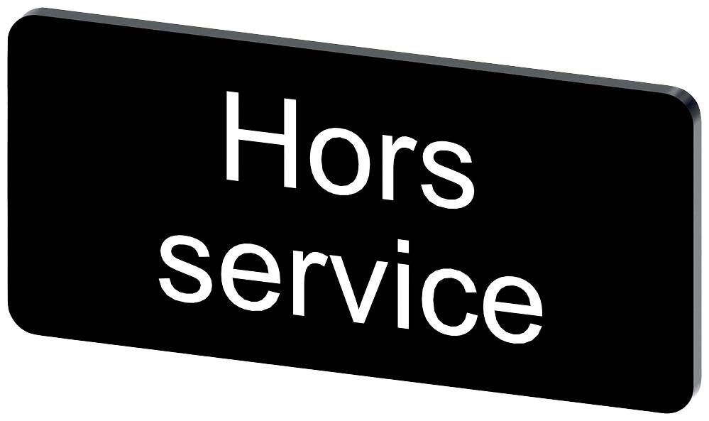 Das Bild zeigt ein rechteckiges Schild mit der Aufschrift 'Hors service' in weißer Schrift auf schwarzem Hintergrund.