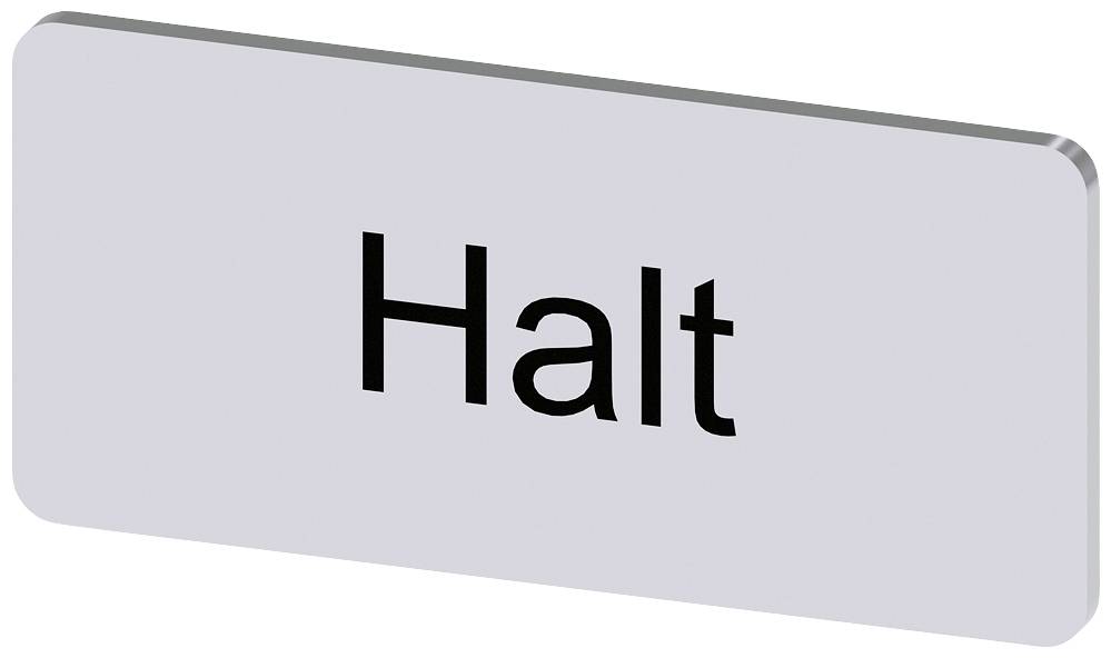 Ein rechteckiges Schild mit der Aufschrift 'Halt' in schwarzer Schrift auf grauem Hintergrund.