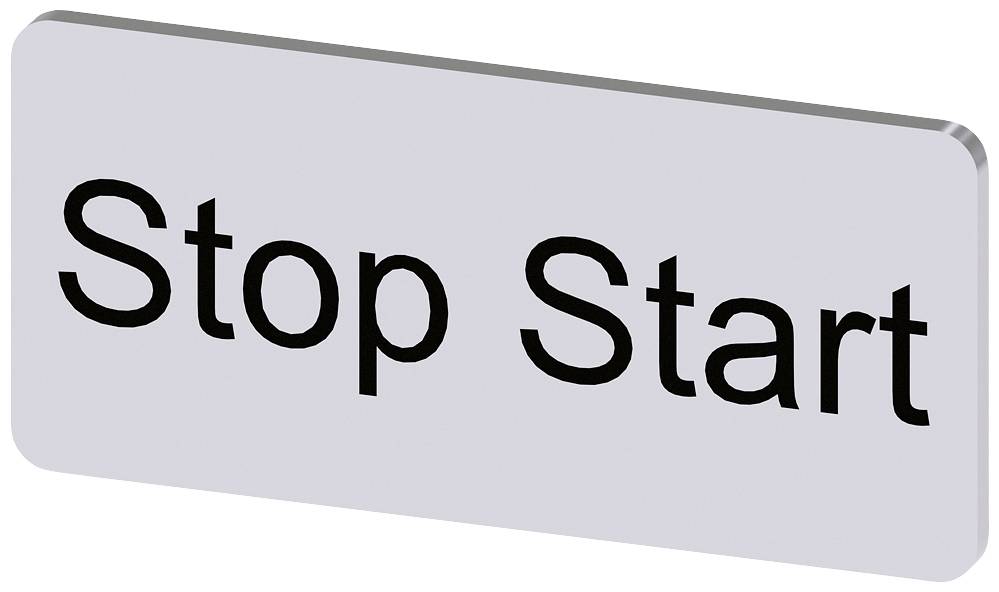 Ein Schild mit der Aufschrift 'Stop Start' in schwarzer Schrift auf weißem Hintergrund.