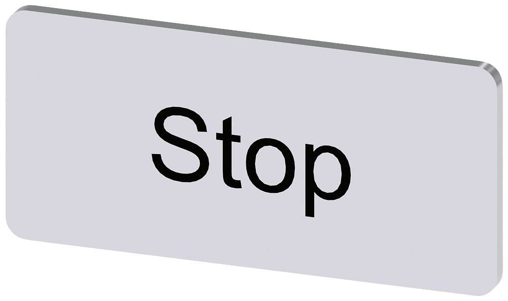 Ein rechteckiges Schild mit der Aufschrift 'Stop' in schwarzer Schrift auf weißem Hintergrund.