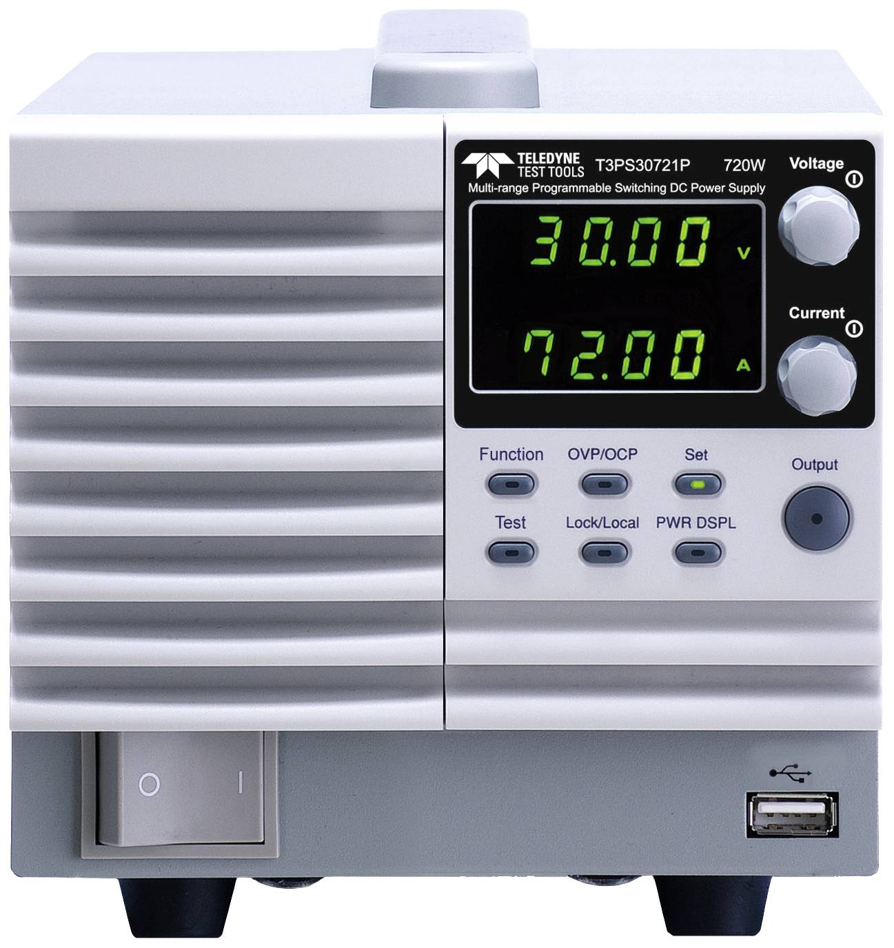 Vorderansicht eines programmierbaren DC-Netzteils mit digitaler Anzeige: Spannung 30,00 V, Strom 72,00 A, mehrere Bedienknöpfe.