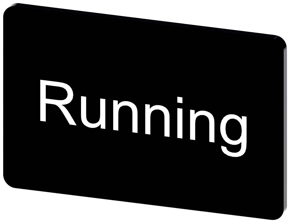 Schwarzes Schild mit weißer Aufschrift 'Running'.