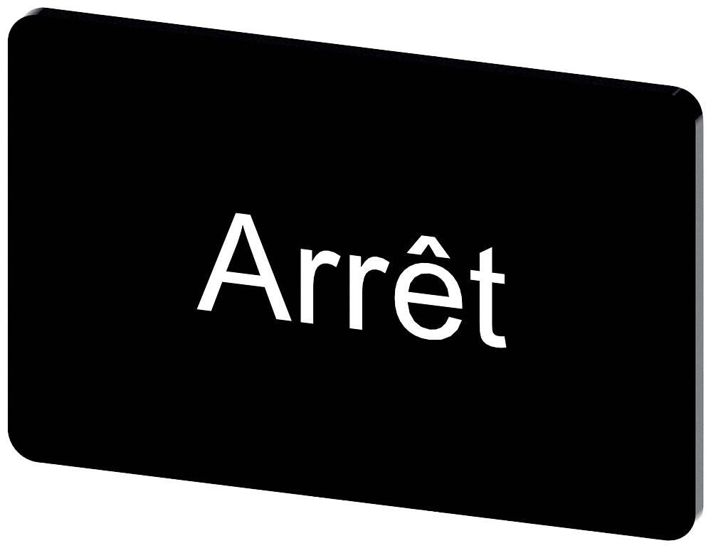 Schwarzes Schild mit dem weißen französischen Wort 'Arrêt', was 'Stopp' bedeutet.