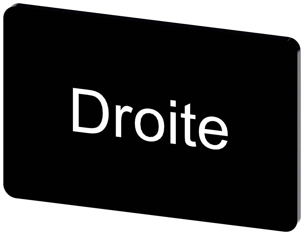 Rechteckiges schwarzes Schild mit dem französischen Wort 'Droite', was 'rechts' bedeutet.