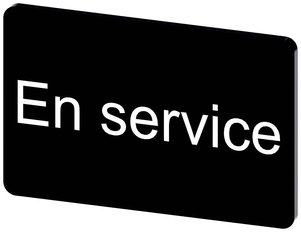 Ein rechteckiges schwarzes Schild mit der weißen Aufschrift 'En service', was 'In Betrieb' bedeutet.