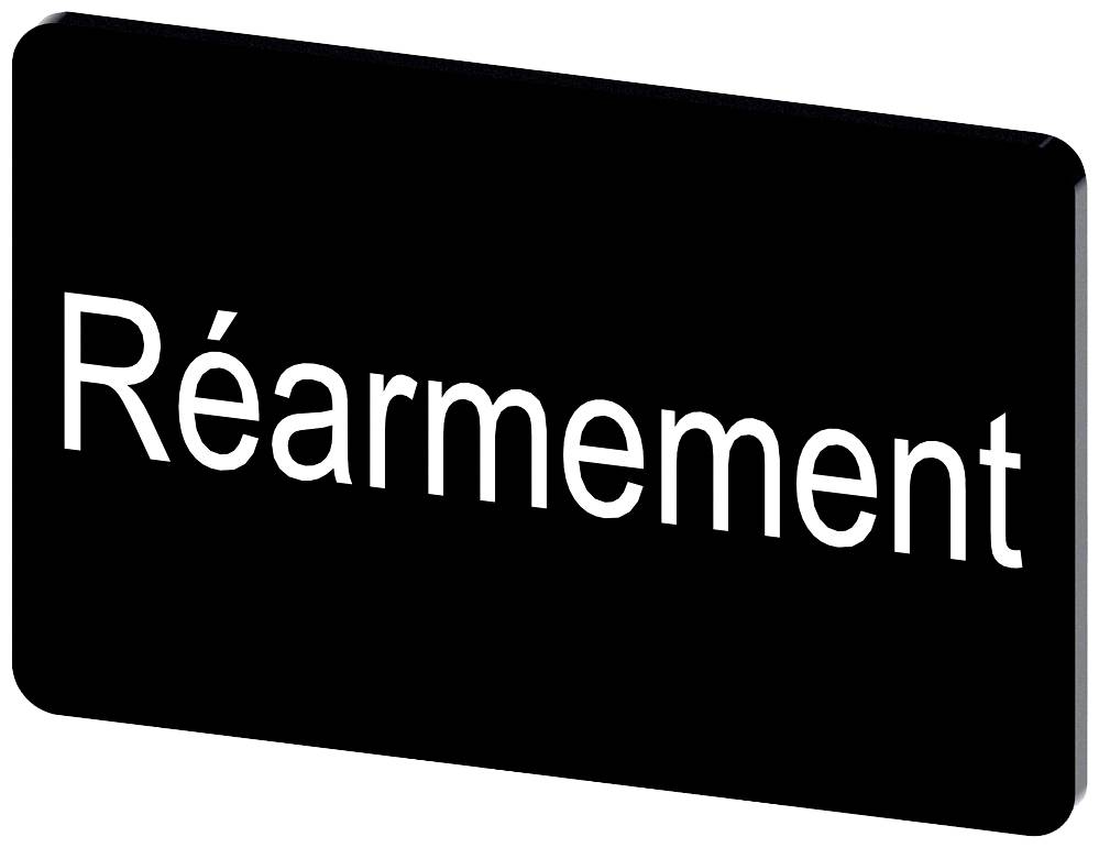Ein schwarzes Schild mit dem weißen Text 'Réarmement' in Großbuchstaben.