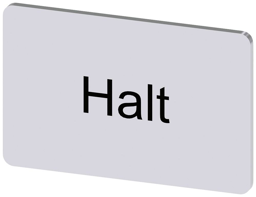 Ein rechteckiges Schild mit dem Wort 'Halt' in schwarzer Schrift auf grauem Hintergrund.