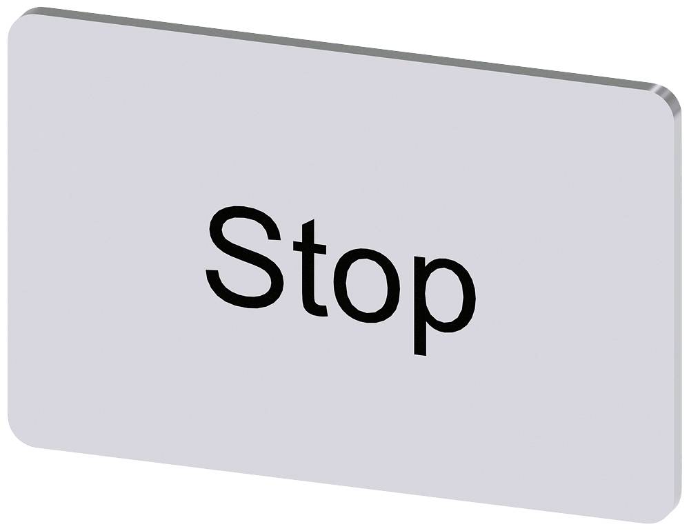 Ein rechteckiges Schild mit der Aufschrift 'Stop' in schwarzer Schrift auf weißem Hintergrund.