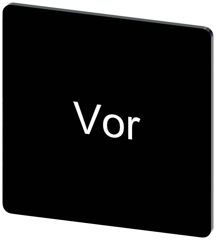 Ein schwarzes quadratisches Schild mit der weißen Aufschrift 'Vor'.