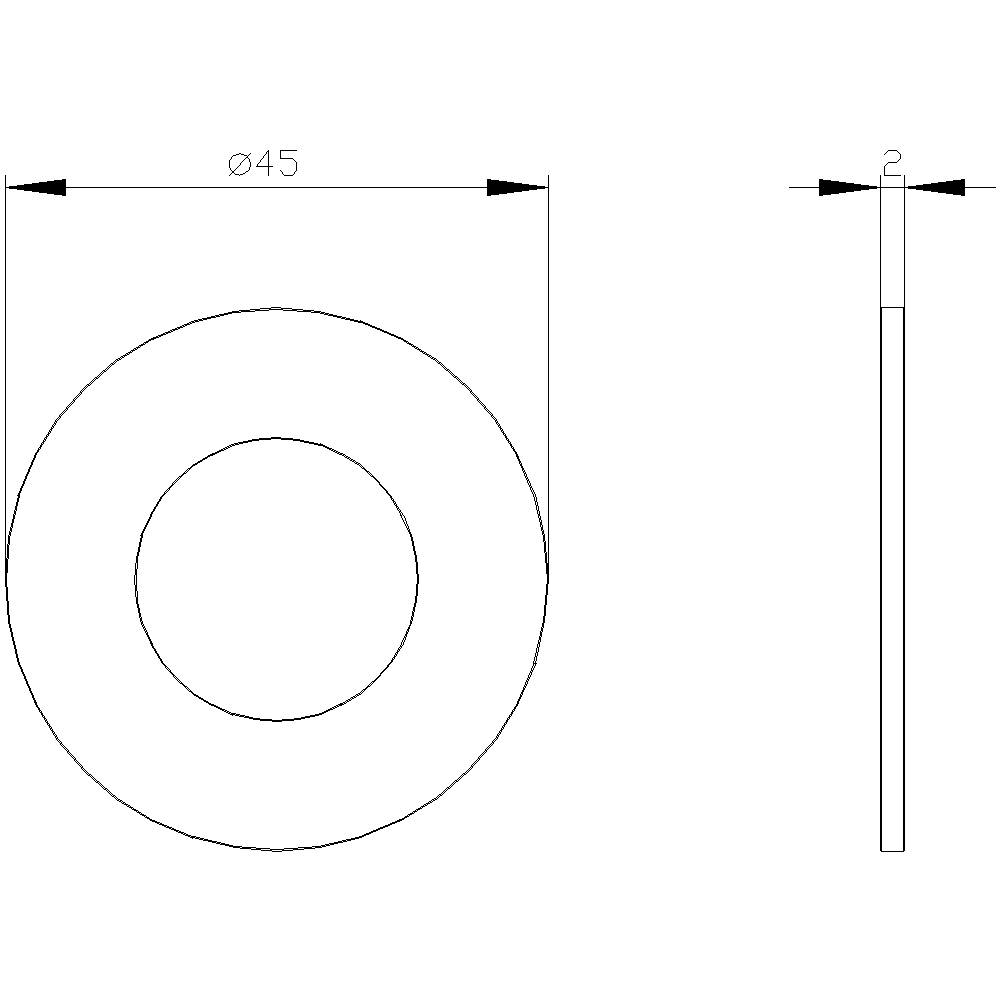 Technische Zeichnung einer Unterlegscheibe. Ansicht von oben mit einem Durchmesser von 45 mm und einer Seitenansicht mit einer Dicke von 2 mm.