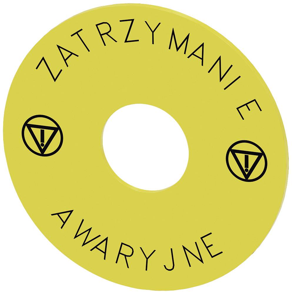 Gelbes Schild mit schwarzem Text 'ZATRZYMANIE AWARYJNE' und Warnsymbolen; bedeutet 'Not-Aus' auf Polnisch.