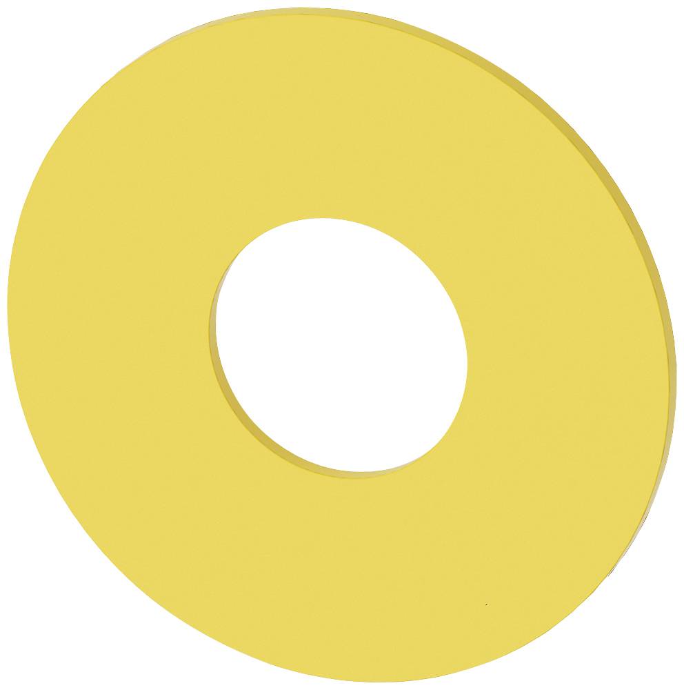 Ein gelber, flacher Donut-ähnlicher Gegenstand mit einem Loch in der Mitte auf weißem Hintergrund.