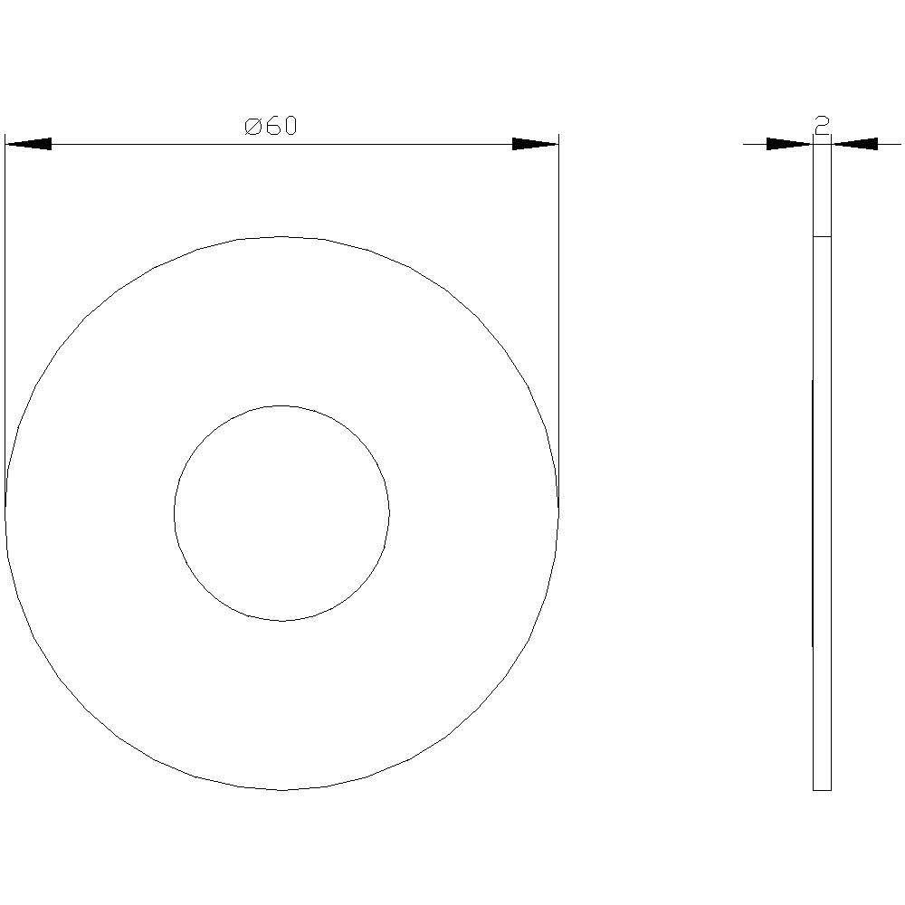 Technische Zeichnung einer runden Scheibe mit einem äußeren Durchmesser von 60 mm und einer Dicke von 2 mm. Seiten- und Draufsicht.